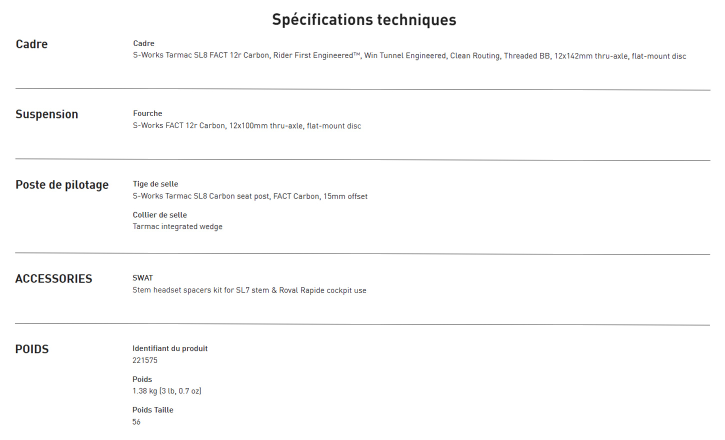 Fiche technique du Kit Cadre S-Works Tarmac SL8 Année 2026